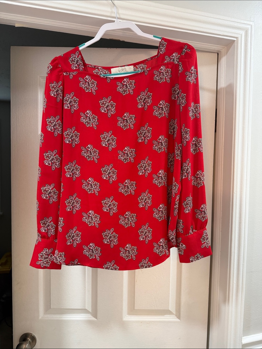 LOFT Bright Red Floral Print Long Sleeve Blouse